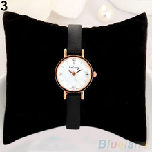 Women Rhinestone Rose Gold Alloy Case Ultra thin Faux Leather Band Wrist Watch 2A8E