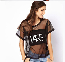 Sakura 2016 summer sexy hollow out top trasparent t shirt font b women b font letter