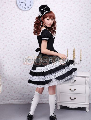 New Arrival Factory Direct Quick Delievery Cotton Black Short Sleeves Ruffles Sweet Lolita Dress