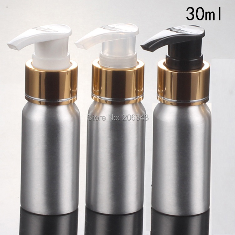 100pcs 30ml Aluminium bottle with transparent /white/black press pump gold  collar