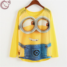 2016 long-sleeve tops casual tees loose woman t shirt cartoon big eyes Minions 3D Print T-shirt women Plus Size Women’s Clothes