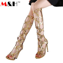 M&H Brand 2016 New Arrive Summer Knee Boots Black Sandals Women High Heel Cut-outs Boots Zip Ladies Wedge Peep Toes Shoe Golden