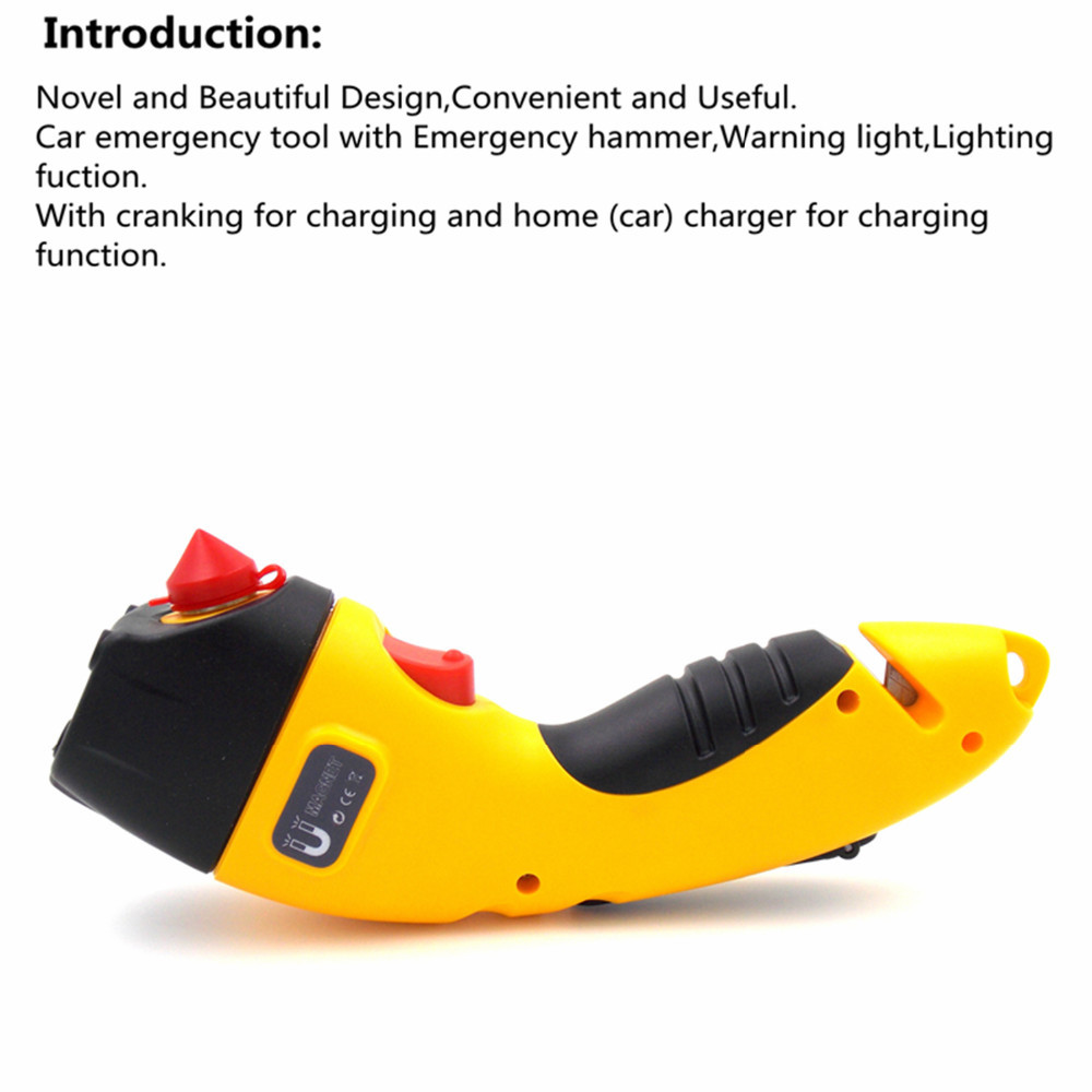 Multi Function Lighting Car Emergency Hammer Life-saving hammer with Warning light and Cranking for Charging