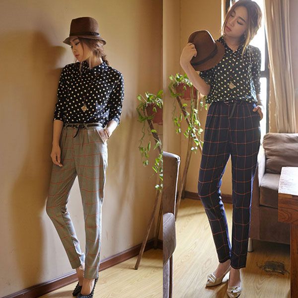 Spring Autumn Fashion Women Casual Check Harem Plaid Pants Loose Grid Long Trousers 2 Colors Gray/Blue S/M/L