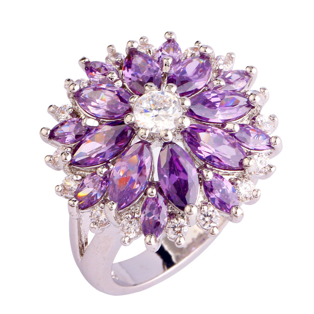 New Cluster Amethyst White Topaz 925 Silver Ring Size 7 8 9 10 11 12 13