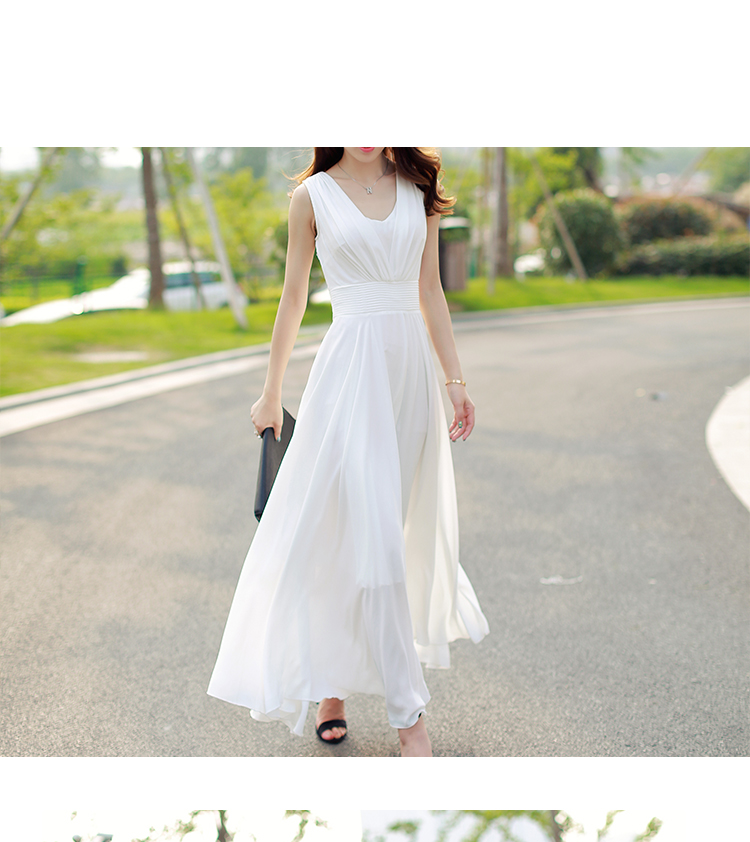 2015 Summer Plus size Woman Casual Chiffon Long dress Solid sleeveless V-Neck Floor length White Color S~XXL Women clothing -8