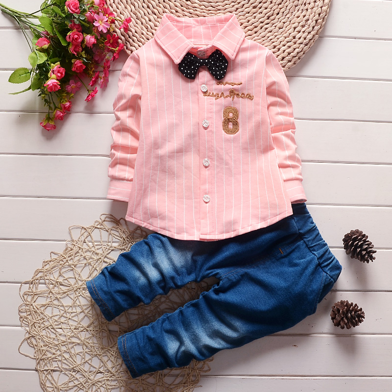 2016 Cartoon Striped bowknot shirt suits Kid's Baby Girls Boys Sets Children's Sets Suits(4Sets/lot){iso-16-2-26-AA1}