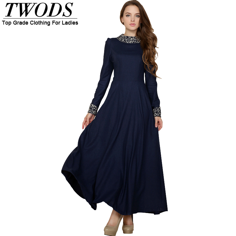 Twods 2015 new spring autumn Casual linen cotton maxi dress long sleeve plus size clothing Slim design solid women dress