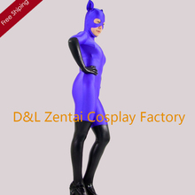 Free Shipping DHL Adult Sexy Purple And Black Cat Woman Spandex Superhero Zentai Catsuit Cosplay Halloween Costume B06