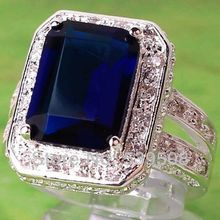  Gorgeous Handsome Style Women Rings Emerald Cut Blue Sapphire Quartz 925 Silver Ring Size 7