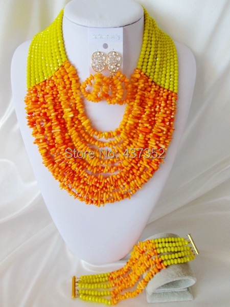 Elegant Lemon Yellow and Orange Party Nigerian Wedding African Coral  Beads Jewelry Set Free Shipping CPS3709
