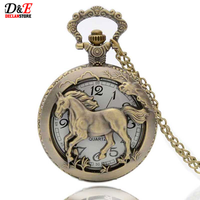 Vintage Horse hollow bronze quartz pocket watch pendant necklace gift male Womens Wholesale Price Free shipping