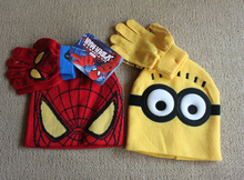 2pcs/set Hot Sale Children’s Winter Cartoon Minions Glove Hat Sets Fashion Kids Baby Warm Knitted Caps Spiderman hat gloves