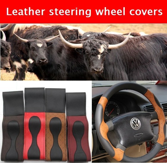 New Black Genuine Leather DIY Car Steering Wheel Cover With Needles and Thread