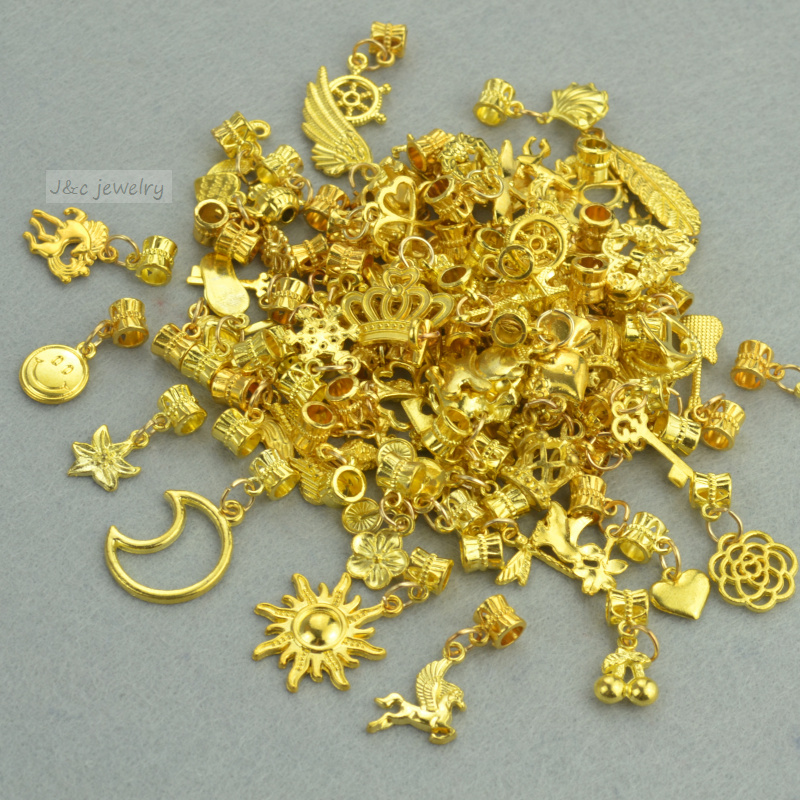 New 50pcs mixed wholesale metal charms gold big hole bead connect charm pendants fits European ...