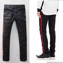 European brand biker jeans male black double zipper ripped skinny jeans stretch low waist jeans vintage slim pants free shipping