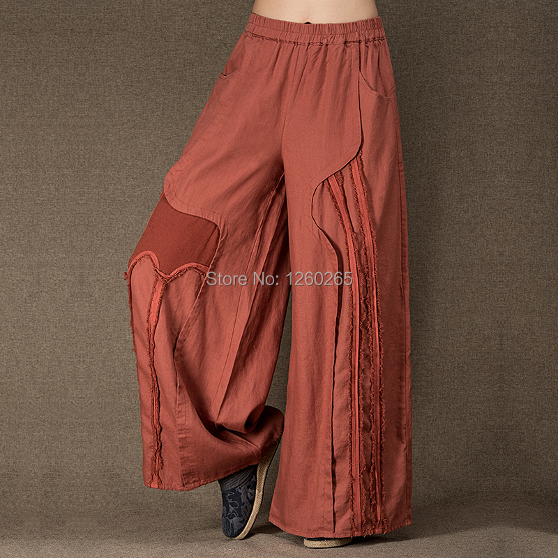 Jiqiuguer Original Brand Plus Size Elastic Waist 100 Linen Appliques Women Palazzo Pants 2015