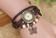 Direct selling selling new retro woven calfskin leather bracelet watch fashion ladies watch 6 Color Butterfly