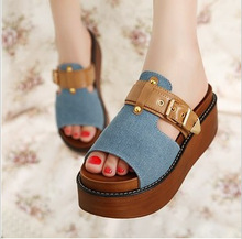 39-35 2016 New Summer Sandals Plus Size Fashion Cowboy Sandals Women Denim Platform Sandal Casual Ladies High Heel Slippers Girl