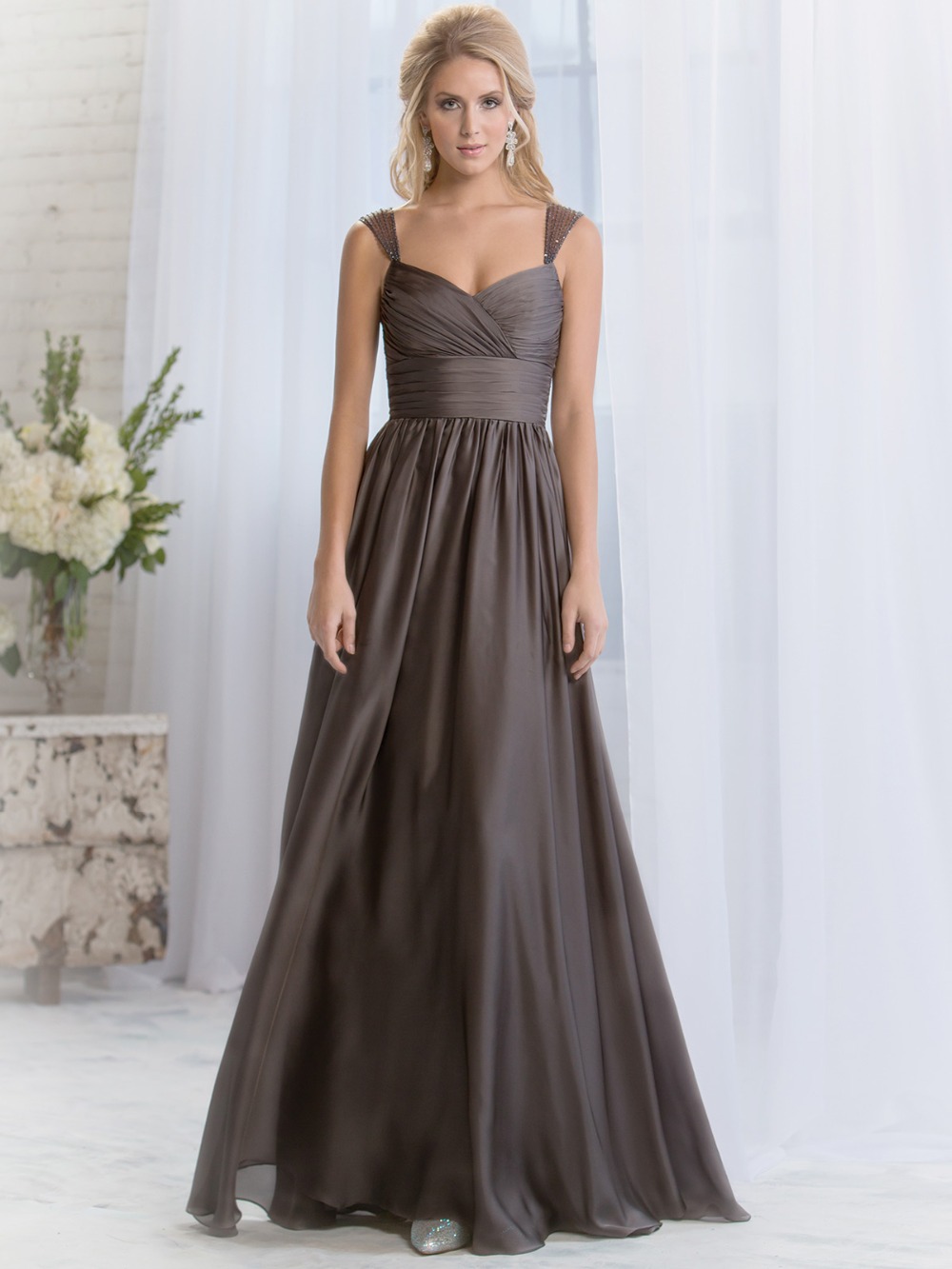 Cheap Modest Sexy Chiffon Beading Dark Brown Wedding Guest Dress Maid Of Honor Dresses Long