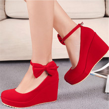 Bow Platform Thick Heels Small Fresh New For Party College Style Cute Red Wedge Fashion Women Shoes Luxury Brand 2015