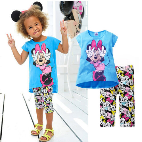 2015 Kids Baby Girls Short Sleeve Cartoon T shirt Tops Cartoon Half Pant Set