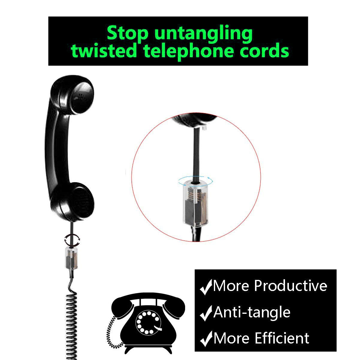 5 Pack Lot Telephone Handset Phone Coil Cord Twist Top Untangle Detangler Black 