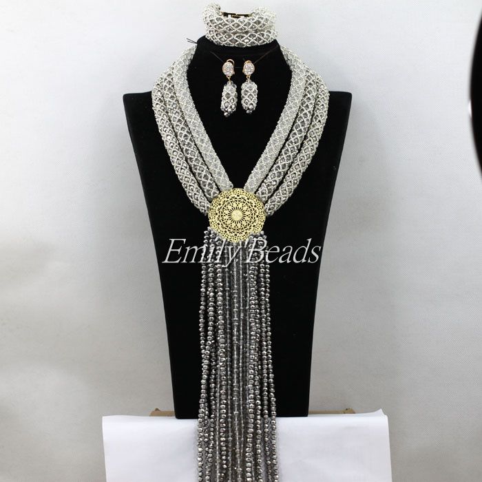 Fashion Silver/Gray/White Big African Wedding Beads Jewelry Set Nigerian Crystal Costume Necklaces Bracelet Earrings Sets AIJ687