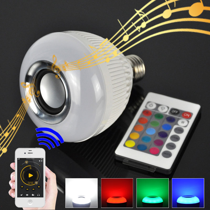 E27 Smart Bulb Light Dimmable 12W RGBW Wireless Bluetooth Speaker Bulb Music Playing LED Light Lamp with 24 Keys Remote Control E27 Smart Bulb Light Dimmable 12W RGBW Wireless Bluetooth Speaker Bulb Music Playing LED Light Lamp with 24 Keys Remote Control