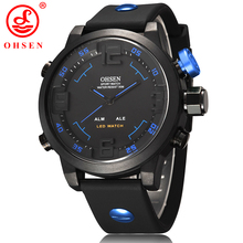 Ohsen marca Casual hombres relojes deportivos 2 zona de tiempo Digital LED cuarzo vestido de moda correa del silicón del reloj de buceo reloj militar