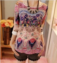 New 2015 Summer Women Korean Chiffon Print Lace Three Quarter Puff Sleeve O neck Loose Tee