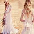 Boho Lace Beach Vintage Wedding Dresses Long Sleeves Illusion 2015 A Line Country Lace Bridal Wedding