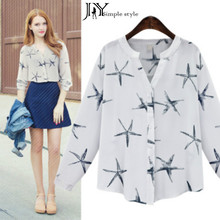 JY.2016New Women Spring Chiffon Shirt Starfish Printed Long Sleeve Female Blouse Plus Size XXL Ladies Tops Femininas Blusas Z