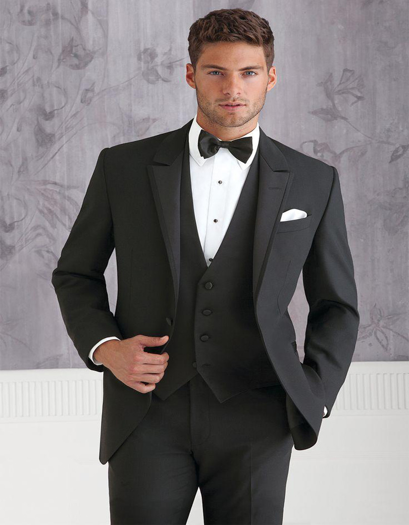 Black Mens Suits Notched Lapel Tuxedos Wedding Suits For Men 2015 Groomsmen Suits Two Button Mens (jacket+pants+vest+tie)