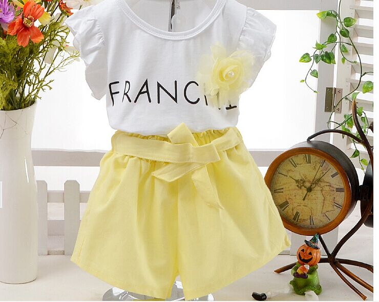 2015 Summer Girl Sets Corsage White Cotton T-Shirts+Shorts 2 Piece Children Outfits X176