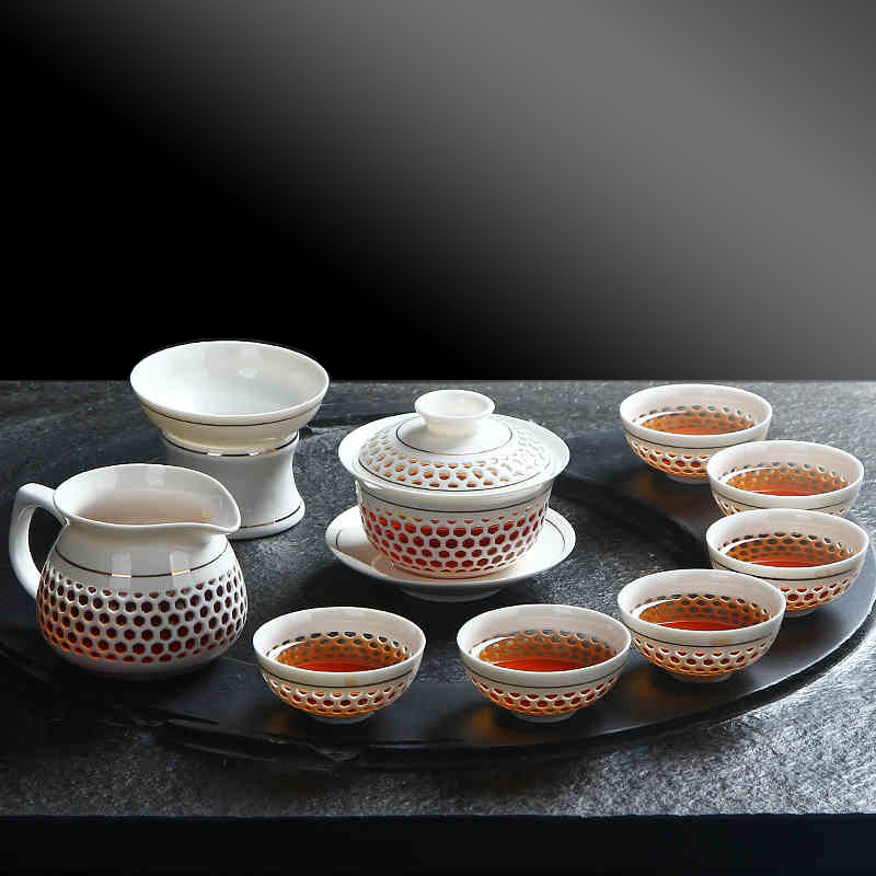 Drinkware 9pcs Honeycomb Kung Fu Tea Set Tea Tool Exquisite Puer Tea Cup Bone China GaiWan