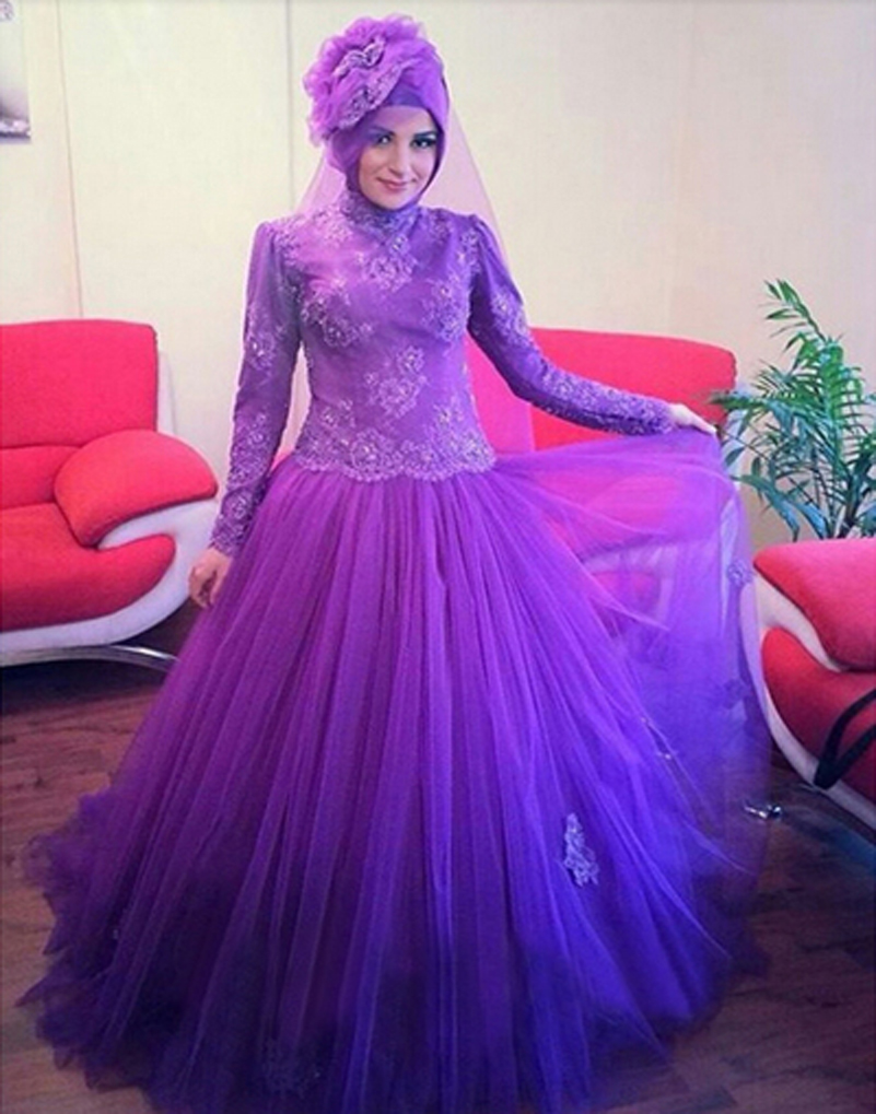 Wedding Decoration Purple Long Dress For Wedding high quality purple muslim wedding dress promotion shop for long sleeve princess islamic arabic bridal lace ball gown tulle gowns robes mariee