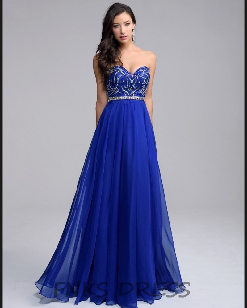 Lo nuevo 2017 A,line Vestidos de Noche Largos Perlas de Caramelo Blusa Vestido de Fiesta Azul Real de La Gasa Drapeado Partido D..