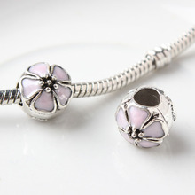 Free Shipping Alloy Bead Charm European Glaze Pink Cherry Blossoms Beads Fit Women Pandora Bracelet & Bangle DIY Jewelry YW15128