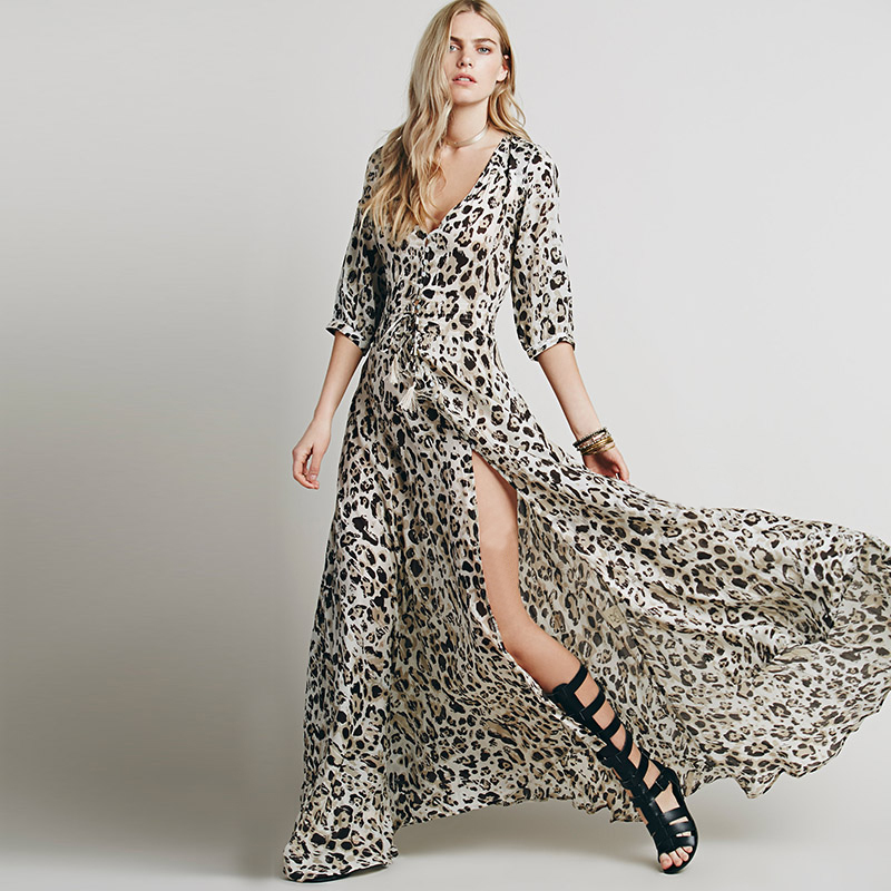 Laluna Summer Style 2015 Women Dress V-neck Chiffon Long Dress Split Leopard Print Maxi Dress Bohemian Vestidos Plus Size XXL