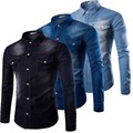 Pocket Washed Big Size Slim Fit Light Blue Male Denim Shirt Men Black Jeans Cowboy Shirts
