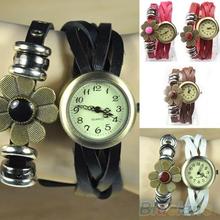 De la mujer Retro Weave Wrap pulsera de cuero flor cuarzo reloj de pulsera 142 V