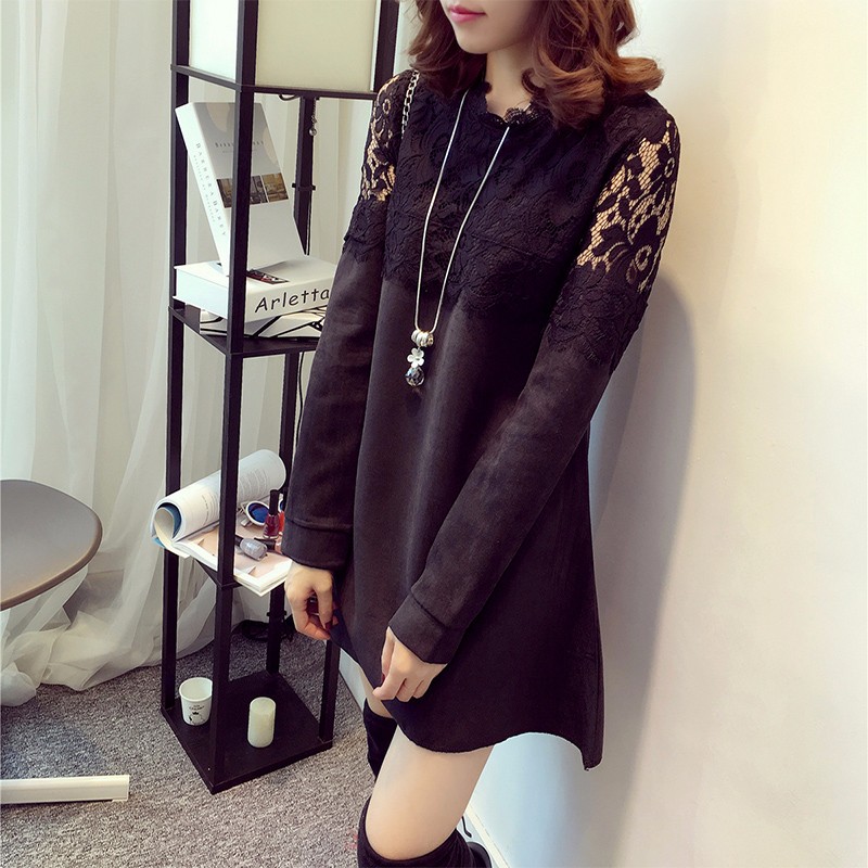 Pregnancy fashion lace stitching Top faux suede round neck
