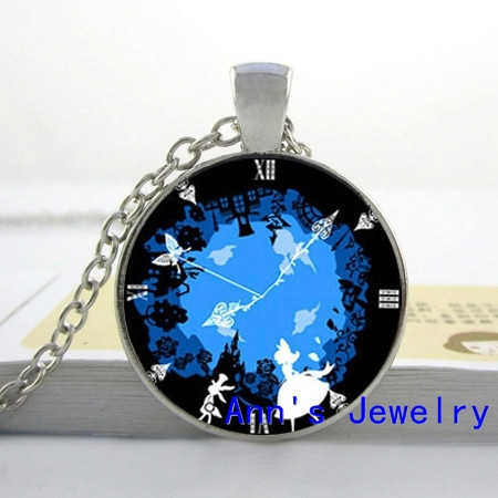 Alice in Wonderland Clock Silhouette Necklace glass Cabochon Necklace