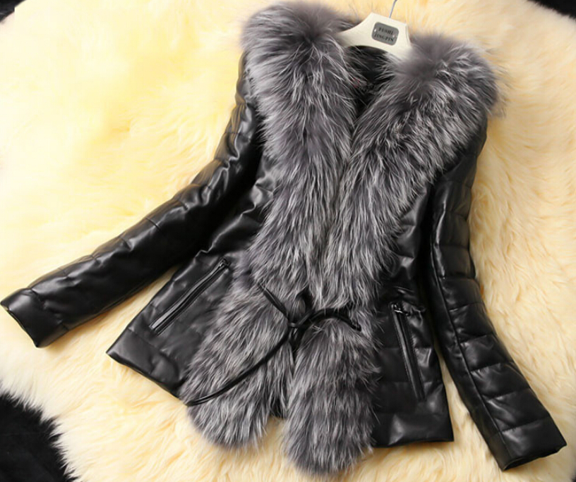 2014 European and American fashion women autumn winter slim  faux  fur leather patchwork black  coat lapel jacket with belt