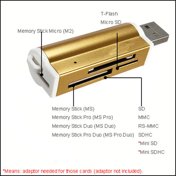      1 USB 2.0      sd MMC  D HC -tf m2-  MS Duo RS-MMC +  Packag