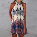 2016 Summer Fashion Dress Women Bow Mini Print Sleeveless Sundress Off the shoulder for girls freeshipping