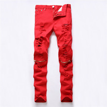 2016 New Red Ripped Jeans Men With Holes Super Skinny Famous Designer Brand Slim Fit Destroyed Torn Jean Pants For Male Homme