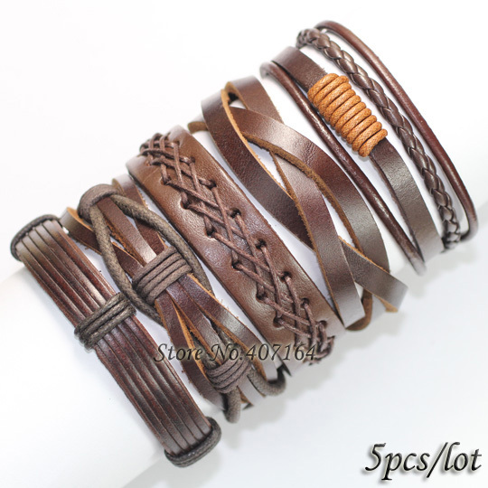 5PCS Vintage brown wristband wholesale handmade genuine real leather bracelets men bangles for women Pulseira Masculina