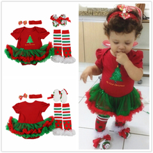 Newborn Baby girl clothes Green tree Christmas Short Red Romper Tutu Dress+ Shoes+Socks+Headband 4pcs/sets Infant girl clothes